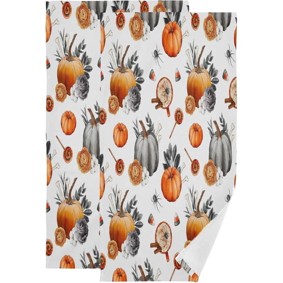 Halloween Pumpkins Hand Towels for Bathroom, Black Flowers Leaves Bones Kitchen Towel 2 PCS Ultra Soft and Highly Absorbent Decorative Fingertip Face Bath Towels for Spa & Hotel, 28.3"x 14.4"