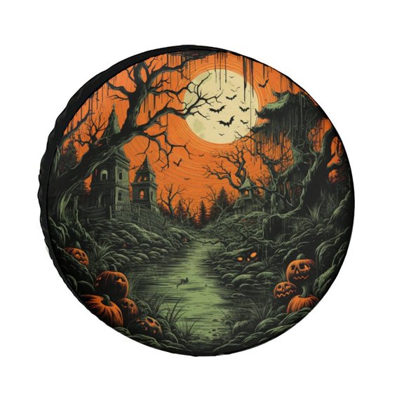 Halloween Pumpkins Haunted House Full Moon Heavy Duty Spare Tire Cover Halloween Holiday Decorations Wheel Tire Covers Waterproof Sun Protection for Travel Trailer Camper Truck SUV Camper 12inch