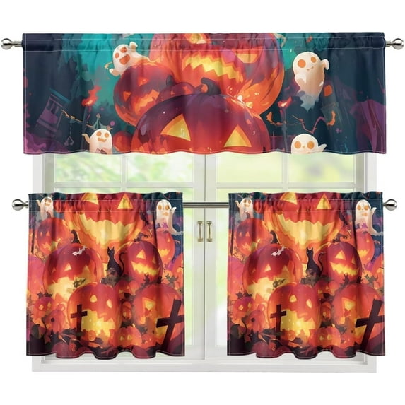 Halloween Pumpkins Kitchen Curtains with Valance and Tier Sets, 3 Pieces Drapes Window Treatment Curtains for Kitchen Over Sink Dining Room Decor