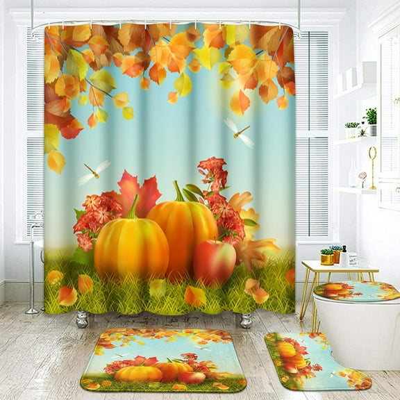 Halloween Pumpkins Lantern Bathroom Sets with Shower Curtain and Rugs and Accessories, Autumn Happy Stars Smile Shower Curtain Sets, Orange Fall Shower Curtains for Bathroom Decor 4 Pcs