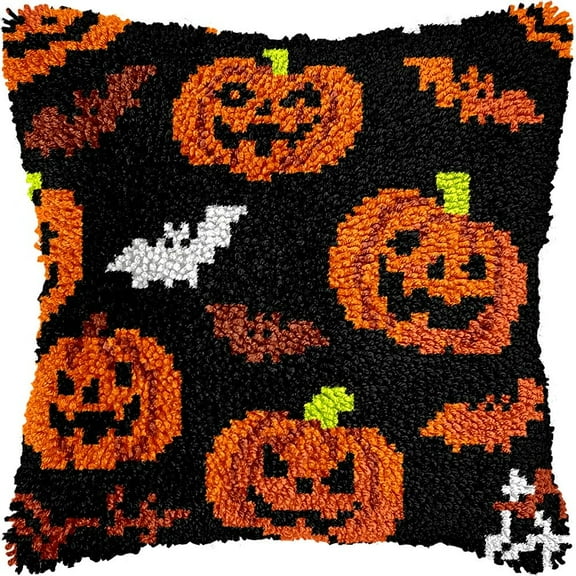 Halloween Pumpkins Latch Hook Pillow Kits DIY Pillowcase Crochet Hook Cushion Making Kits with Preprinted Pattern Canvas Instruction Yarns Pillow Cover Easy Starter DIY Kits 43x43cmk182)