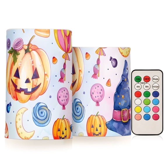 Halloween Pumpkins Magic Hat Candy Flickering Flameless Candles LED Tealight Battery Operated with Remote Set of 2 Holiday Decor Ornaments