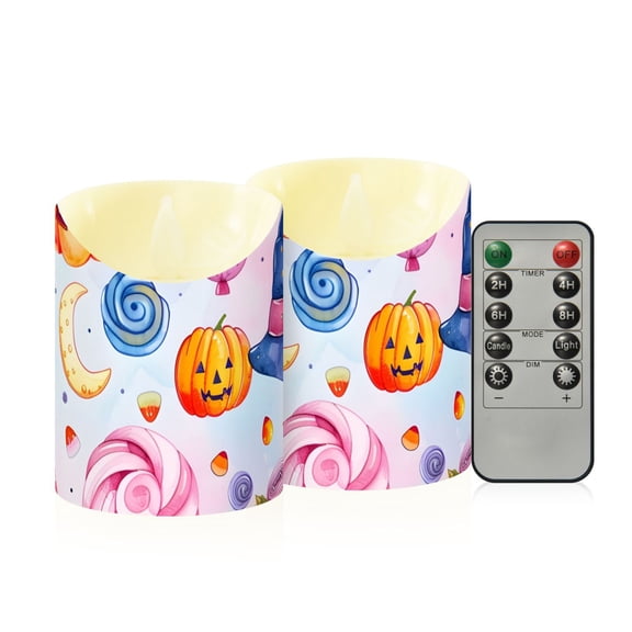 Halloween Pumpkins Magic Hat Candy Flickering Flameless Candles with Remote Timer Battery Operated LED Tealight Set of 2 S
