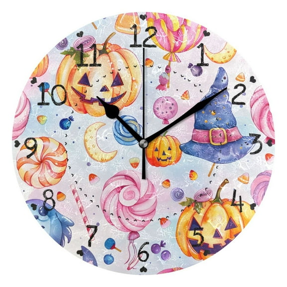 Halloween Pumpkins Magic Hat Candy Round Wall Clock Silent Analog Battery Operated Black Pointer Home Decor 9.84" Diameter
