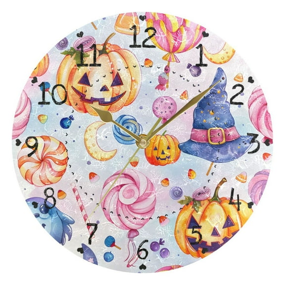 Halloween Pumpkins Magic Hat Candy Round Wall Clock Silent Analog Battery Operated Gold Pointer Home Decor 9.84" Diameter