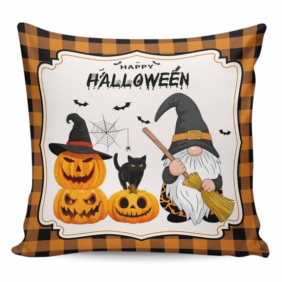 Halloween Pumpkins Pillow Covers 18x18 Inch Decorative Throw Pillow Cover, Gnomes Cat Orange Black Checked Sofa Pillowcases Accent Cushion Case Home Decor Bedroom Living Room