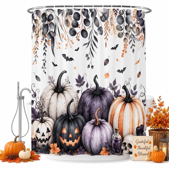 Halloween Pumpkins Shower Curtain Set - 72" x 78" Washable Bathtub Curtain with 12 Hooks, Fall Horror Scary Skull Eucalyptus Leaves Waterproof Fabric Stall Shower Curtains for Bathroom/Bathtub Décor