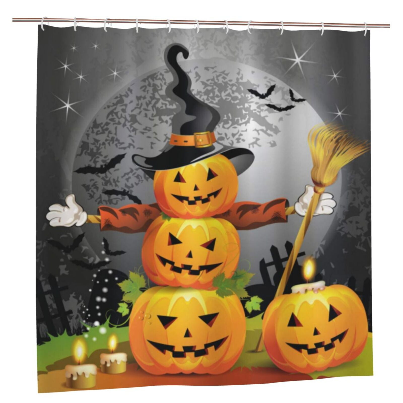 Halloween Pumpkins Shower Curtain Set Magic Hat Ghost Broom Bathroom