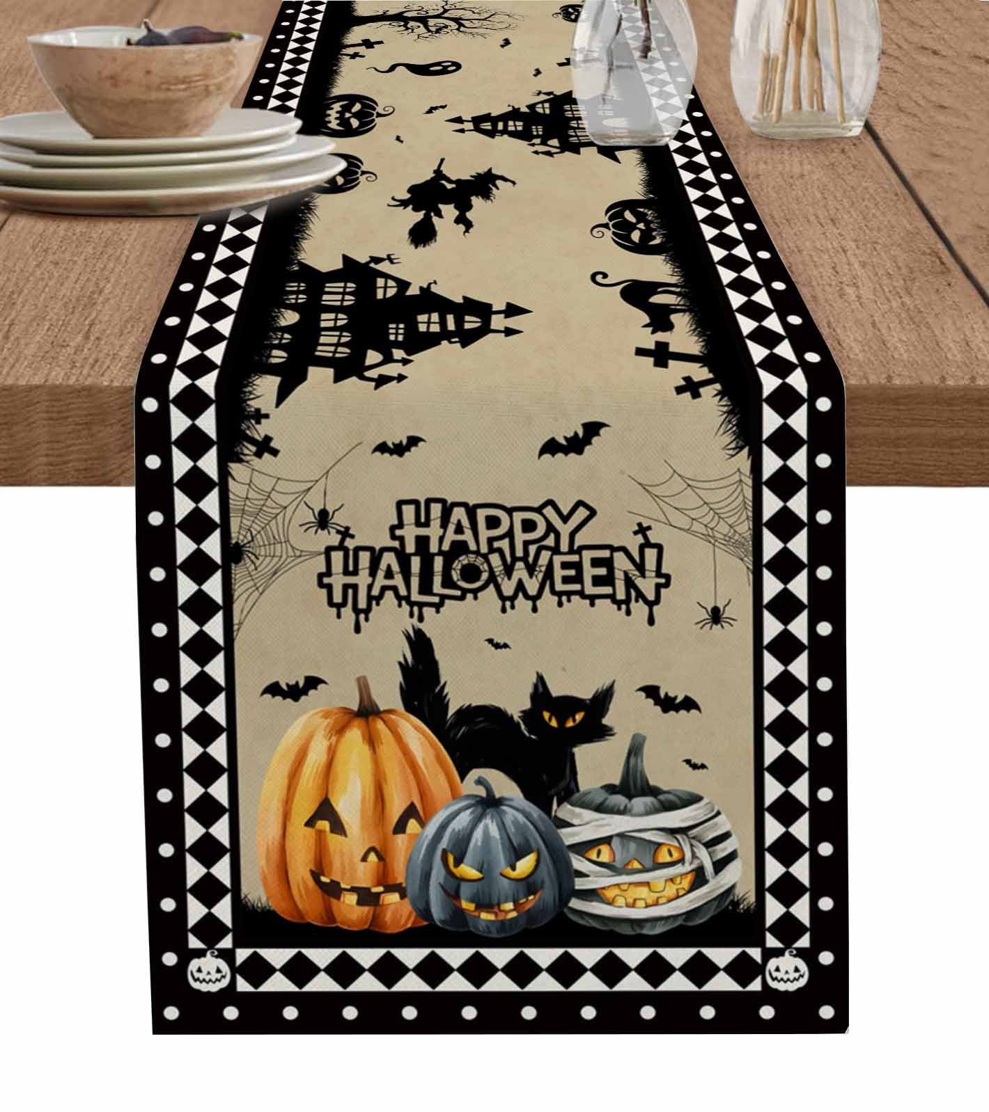 Halloween Pumpkins Table Runner 108 Inches, Horror Black Cat Spooky Bat ...