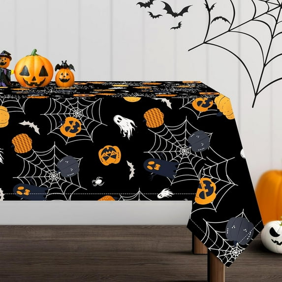 Halloween Pumpkins Tablecloth Waterproof, Boo Bats Black Table Cloth Rectangle Stain Resistant, Washable Table Cover for Home Kitchen Dining Party Decoration (60×120 inch)