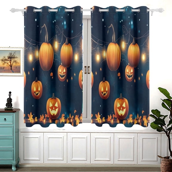 Halloween Pumpkins and String Lights Blackout Curtains for Living Room Bedroom 55W x 54L Insulated Window Drapes 2 Panels