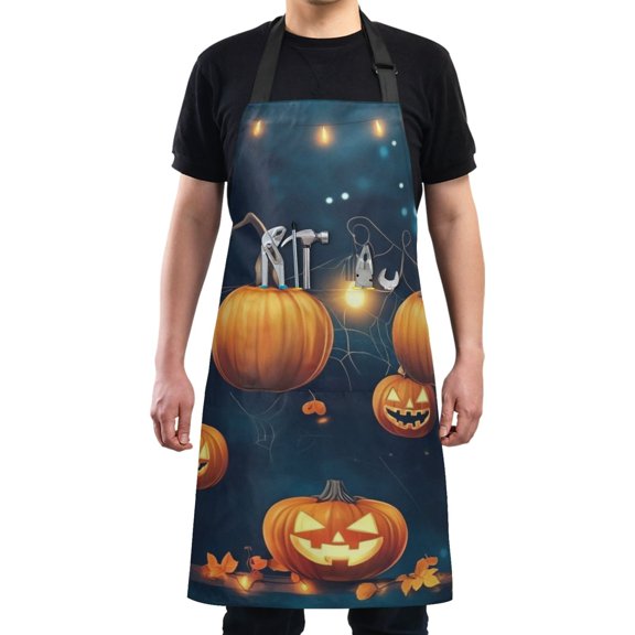 Halloween Pumpkins and String Lights Chef Kitchen Apron with Pockets for Women Waterproof Aprons for Cooking Baking