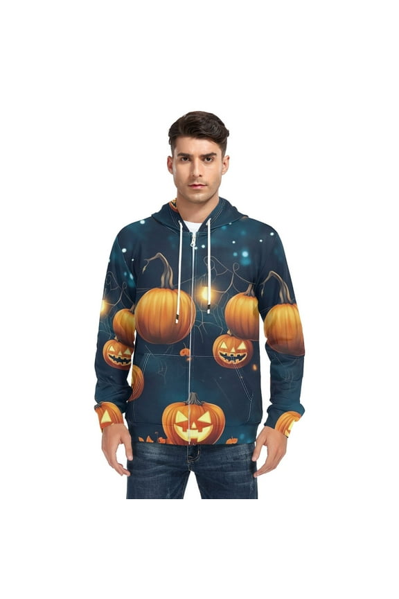Halloween Pumpkins and String Lights Men’s Hoodies Sweatshirt with Full Zip Pockets Fleece Jackets