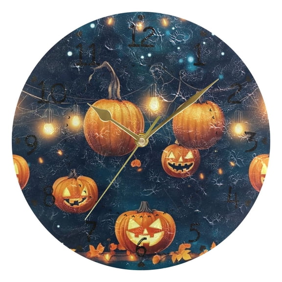 Halloween Pumpkins and String Lights Round Wall Clock Silent Battery Operated Home Decor for Living Room Bedroom