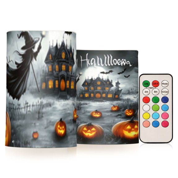 Halloween Pumpkins and Witch Flickering Flameless Candles Battery Operated with Remote Timer LED Pillar Candles Set of 2