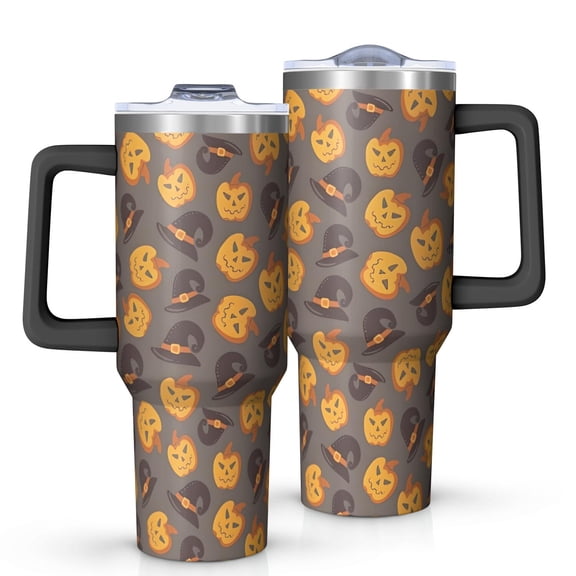 Halloween Pumpkins and Witch Hats Tumbler with Handle and Lid,40oz Double Wall Vacuum Insulated Tumbler,Cups Gift for Women and Men