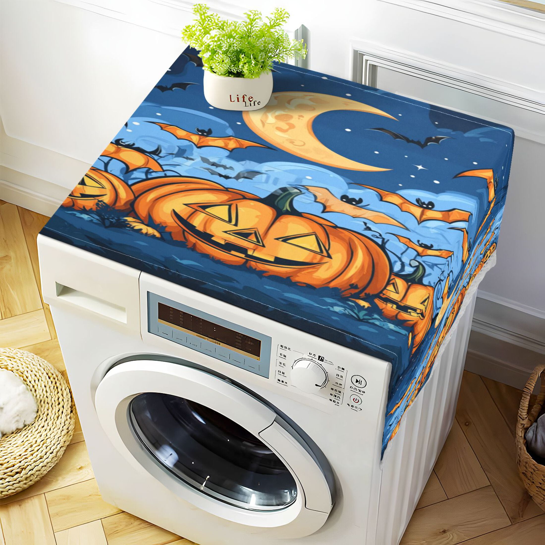 Halloween PumpkinsWasher and Dryer Covers Dust-Proof and Oil Resistant Fridge Cover with 4 Storage Pockets Washing Machine Top Cover for Laundry Kitchen Home 51.2 x 22 In