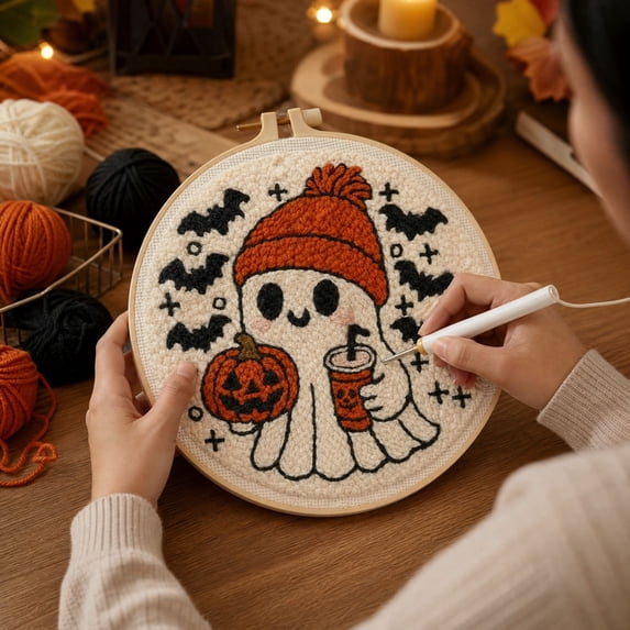 Halloween Punch Needle Kit with Black Cat and Ghost Design, Spooky Embroidery Craft for Beginners, Cute Fall Home Decor Gifts for Adults, 1 Set
