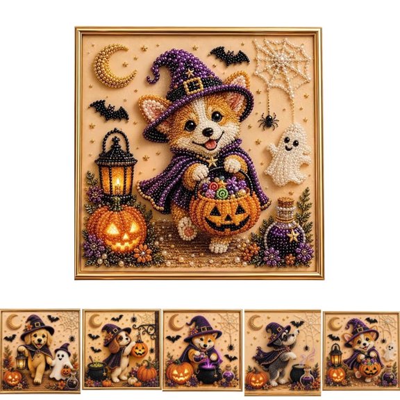 Halloween Puppy Pearl Art DIY Kit, 3D Cute Spooky Puppy Festive Fun | Halloween Puppy Pearl Art DIY Kit, 3D Faux Bead Embroidery Craft Set, Spooky Pumpkin Black Cat Canvas Wall Decor