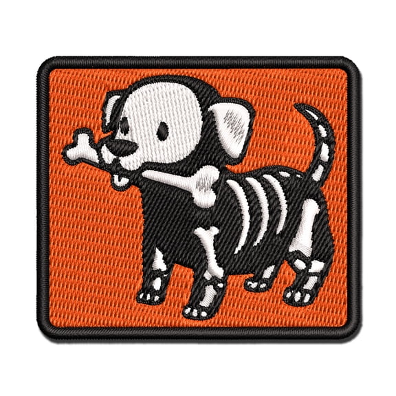 Halloween Puppy with Bone in Skeleton Costume Applique Multi-Color Embroidered Iron-On Patch - 3 Inch Medium