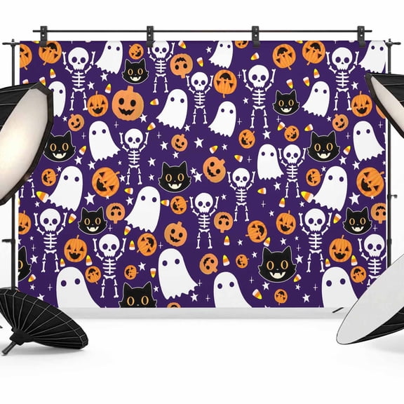 Halloween Purple Backdrop for Photoshoot,Photography Photo Studio Background Wall Backdrop,Black White Ghost Orange Skull Pumpkin Back Drop Banner Panel for Portraits Wedding Live Streaming 7x5Ft