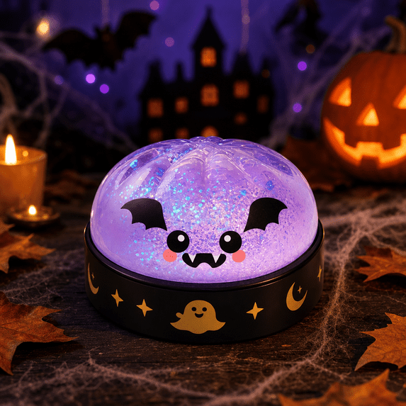 Halloween Purple Bat Dumpling Squishy Glitter Stress Relief Squeeze Fidget Ball in Steamer Container, Spooky Party Favors Goodie Bag Fillers, 1 Pack