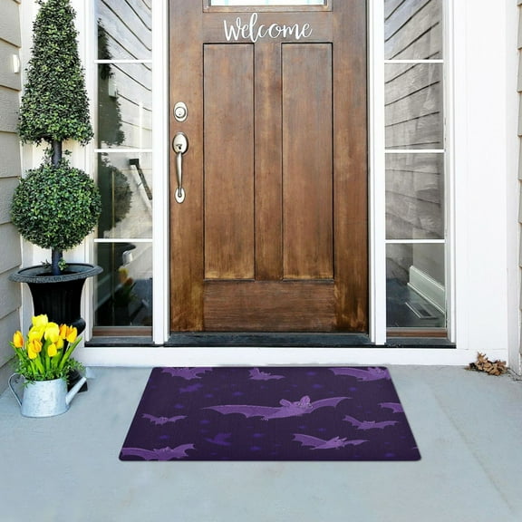 Halloween Purple Bat Outdoor Doormats NonSlip Bath Rugs Absorbent Muddy Dirt Resist Door Mats 32''x20''