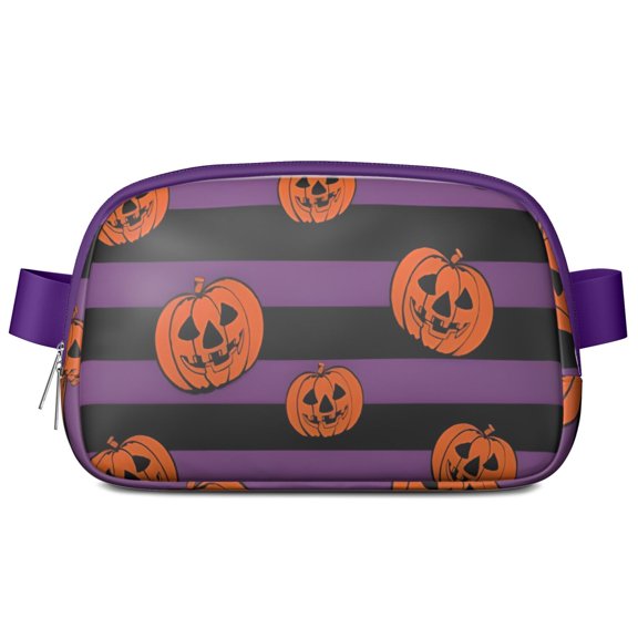 Halloween Purple and Black Striped Pumpkins Cute Fanny Packs for Women,Travel Waterproof Crossbody Fanny Bags Waist Purse for Women Anti Theft Adjustable Strap for Running Travel Cycling