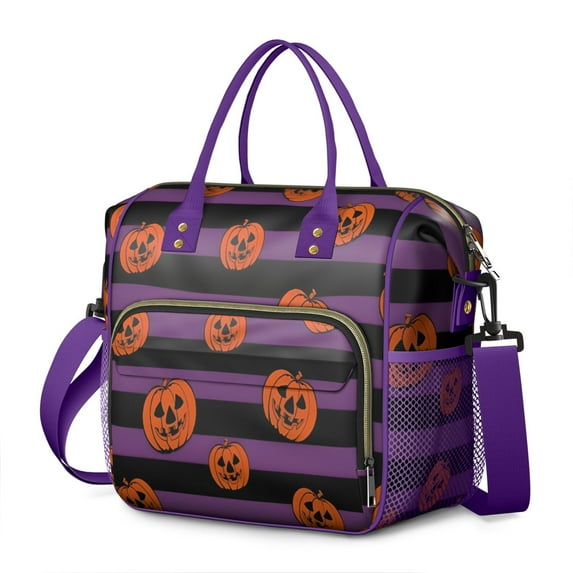 Halloween Purple and Black Striped Pumpkins Womens Lunch Box for Work,Insulated Large Lunch Bag for Tween and Teen,Loncheras Para Mujer,Leakproof Adult Lunch Bag for Work,Beach,Travel,Picnic,Camping