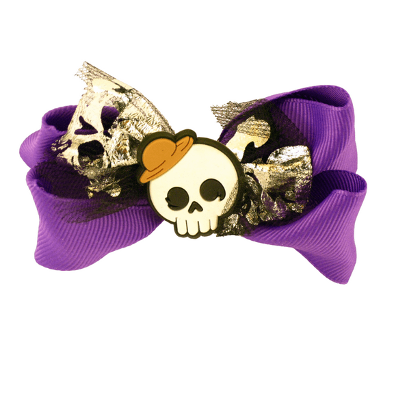Halloween Purple Bow With Skull & Lace Alligator Clip - 1 Pc.
