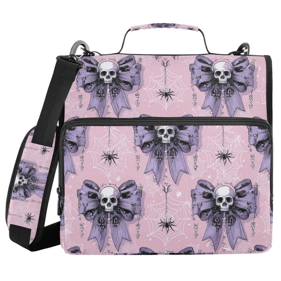 Halloween Purple Bows with Skulls Araneid Net Binder Bag with Shoulder Strap 3 Ring Zipper Binder File Folder Document Storage