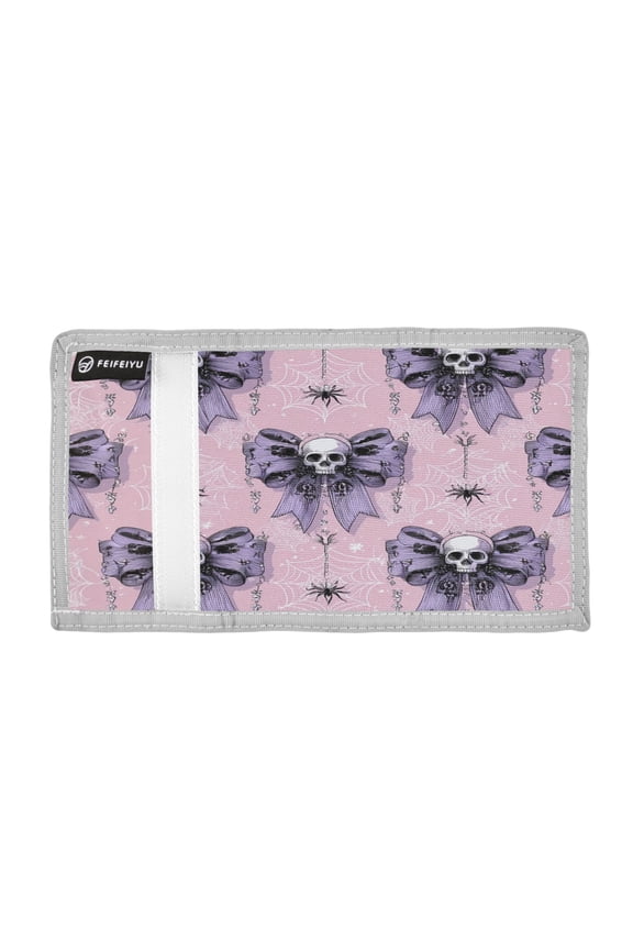 Halloween Purple Bows with Skulls Araneid Net Trifold Wallets Card Holders Coin Pockets with Lanyards Portable Unisex