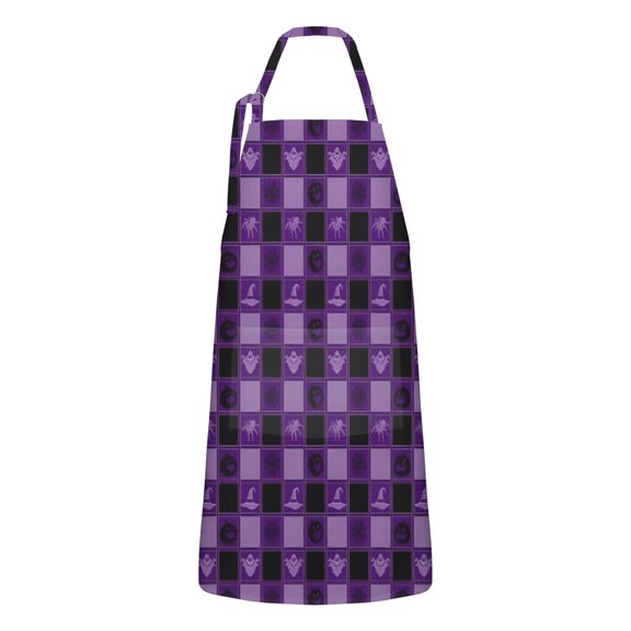 Halloween Purple Checkered Ghosts and Icons Apron-Garden Aprons for Women with Pockets-Cotton Linen Waterproof Kitchen Cooking Gardening Aprons Adjustable for Kitchen,Cooking,BBQ and Salon 32"x27"