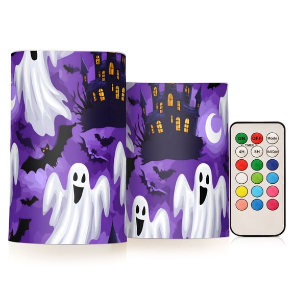 Halloween Purple Element Flameless LED Candle Set with Remote, Battery Operated Color Changing Pillar Candles, Set of 2