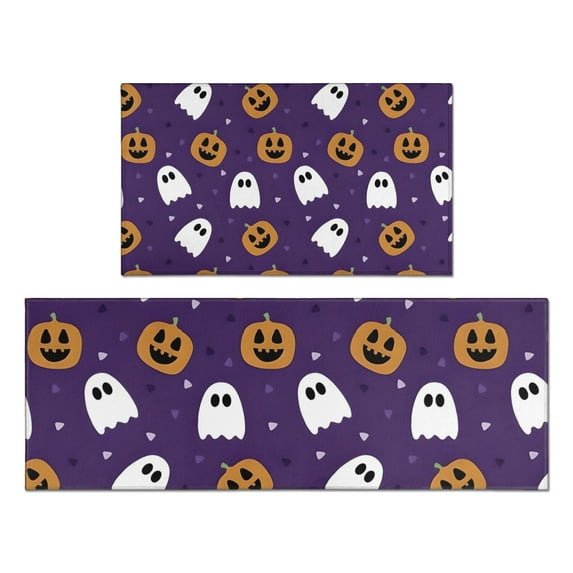 Halloween Purple Ghosts and Pumpkins Kitchen Rugs Sets Of 2,Anti Fatigue Kitchen Mat Rugs Non Slip Washable,Decorative Kitchen Floor Mats for Kitchen,Sink,Laundry,17"x30"+17"x47"