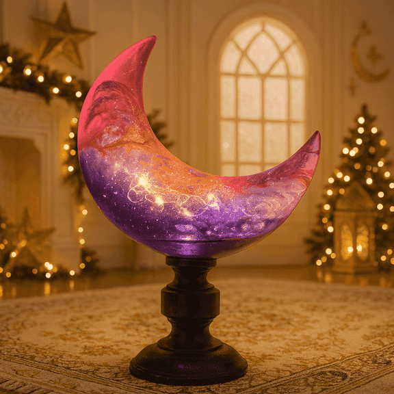 Ramadan Purple Glass Moon Ornament with Built - in LED Lights, Swirled Pattern & Black Pedestal for Enchanted Ramadan Decor,Indoor Table Decor