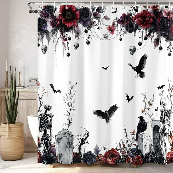 Halloween Purple Gothic Shower Curtain, Vintage Halloween Horror Dark Gothic Skull Raven Bat Horror Flower Shower Curtain Set Fabric Curtain for Bathroom Decor with 12 Hooks, 72x72In