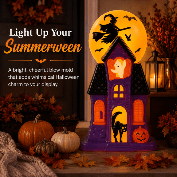 Halloween Purple Haunted House Blow Mold Decoration, Summerween Light Up Porch Lawn Patio Decor with Whimsical Ghost Cat Pumpkin Scene