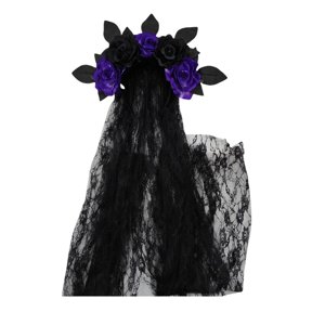 Halloween Purple Headband with Veil 35 Inch Black Lace Fabric Artificial Roses Gothic Halloween Decor Day of The Dead Accessory for Adult Party and Themed Events 1 Pack
