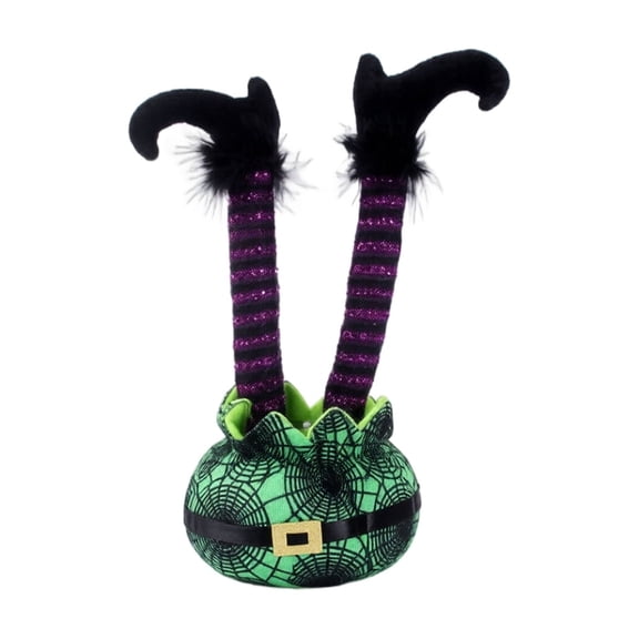 Halloween Purple Inverted Elf Witch Leg Props, 11" Spider Web Witch Boot Tabletop Decor, Plush Striped Witch Legs Pumpkin Ornament, Cute Whimsical Halloween Tiered Tray Centerpiece