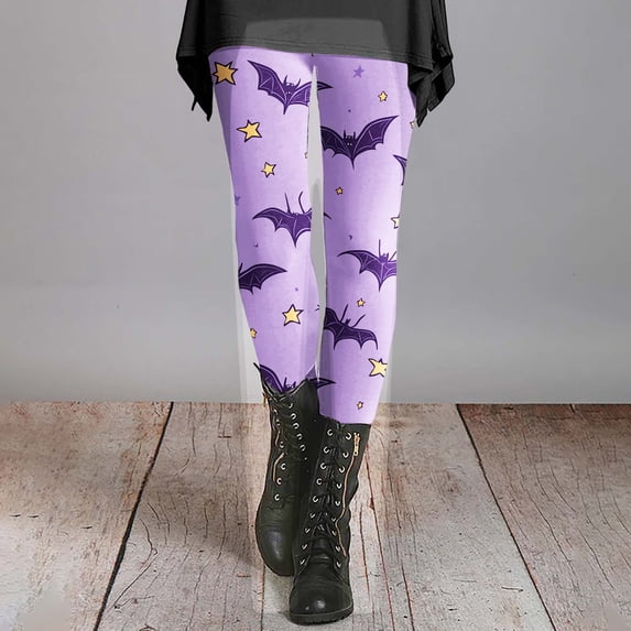 Halloween Purple Leggings with Pockets for Women Milk Silk Grinding High Waisted Tummy Control No See Through Workout Yoga Cycling Tights Pants M