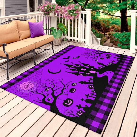 Halloween Purple Outdoor Rug for Patio/Deck/Porch, Non-Slip Large Area Rug 3 x 5 Ft, Cartoon Castle Bat Plaid Moon Black Indoor Outdoor Rugs Washable Area Rugs, Reversible Camping Rug Carpet Runner