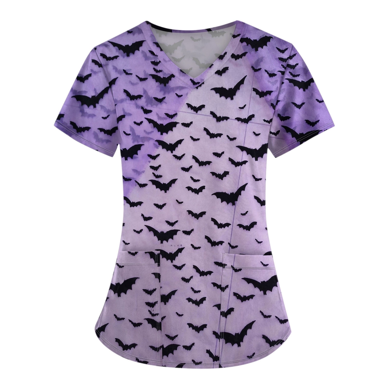 Halloween Purple Print Scrub Tops Women Pumpkins Bats Printed V Neck