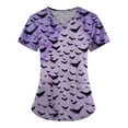 Halloween Purple Print Scrub Tops Women Pumpkins Bats Printed V Neck