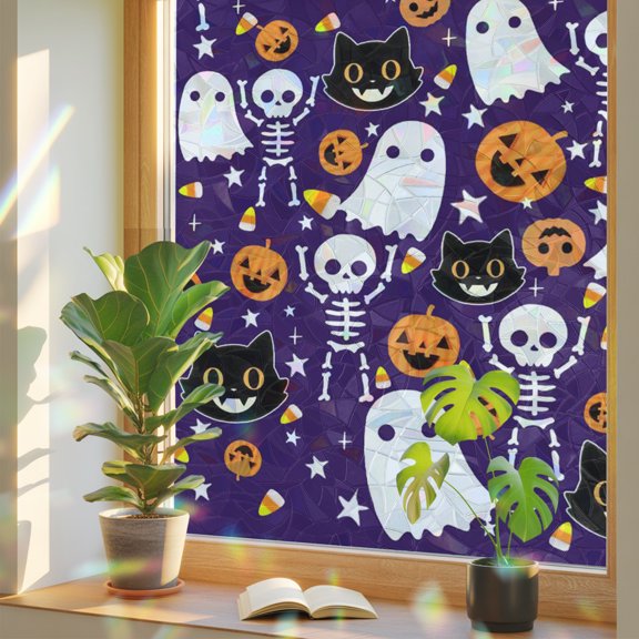 Halloween Purple Privacy Window Film, Decorative Stained Glass Window Film, Black White Ghost Orange Skull Pumpkin Resuable Rainbow Static Cling for Home Bathroom Living Room Glass Door 23.6"x59"