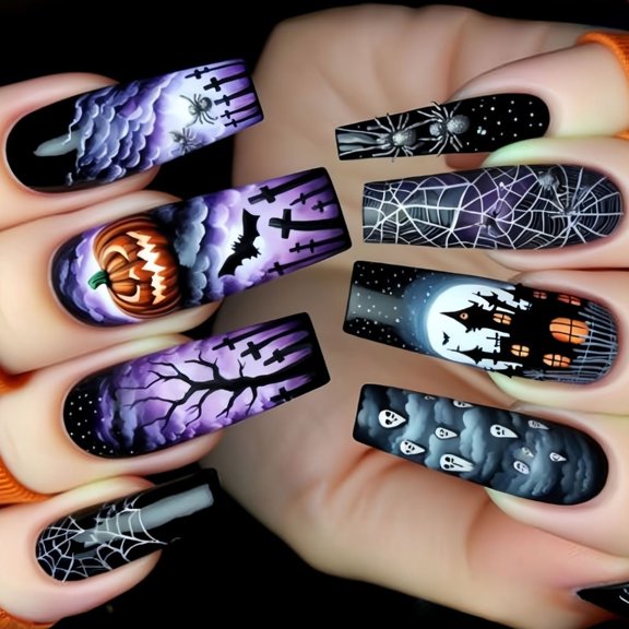 Halloween Purple Pumpkin Ballet Length Fake Nail With Ghostly Web Design