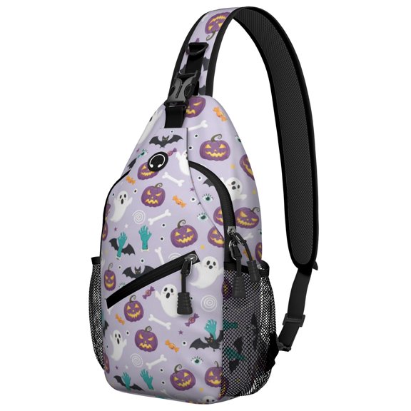 Halloween Purple Pumpkin Zombie Hand Sling Backpack, Unisex Cycling Crossbody Bag with Side Mesh Pockets, Earphone Hole Port Gift Ideas for Hiking Cycling Walking