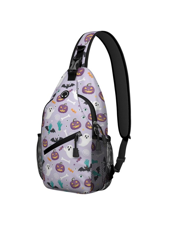 Halloween Purple Pumpkin Zombie Hand Sling Backpack, Unisex Cycling Crossbody Bag with Side Mesh Pockets, Earphone Hole Port Gift Ideas for Hiking Cycling Walking