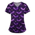 Halloween Purple Scrub Tops Women Print Pumpkins Bats Printed VNeck