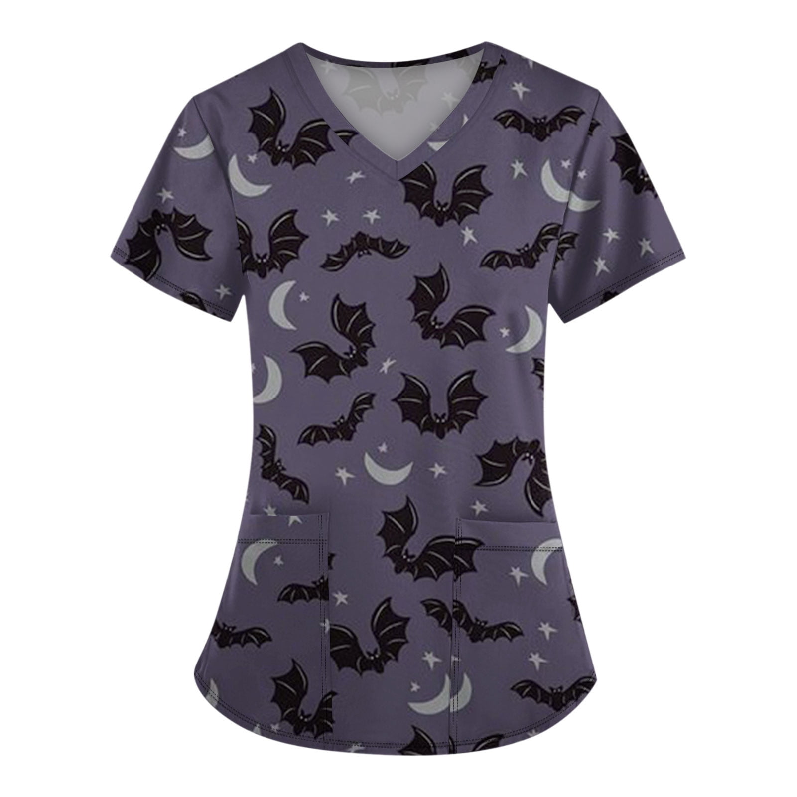 Halloween Purple Scrub Tops Women Pumpkins Bats Printed VNeck Plus